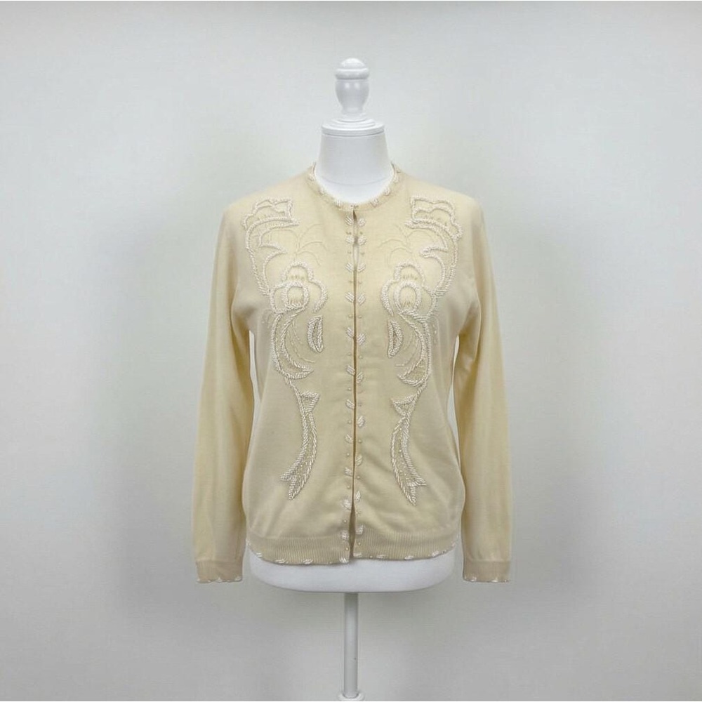 Vintage Imperial Imports Hand-Beaded Lambswool Cardigan Sweater, Cream, Sz 40
